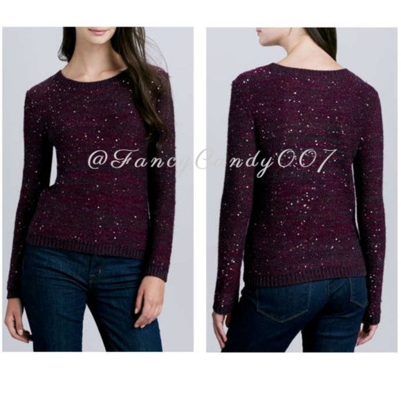 Alice + Olivia Macy Sequined Stripe Knit Sweater, Size L Plum Wine - Picture 2 of 10